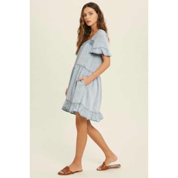 Denim Tencel Square Neck Short Sleeve Ruffle Trim Babydoll Casual Mini Dress - Picture 9 of 11